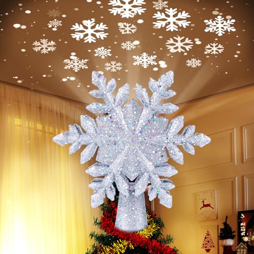 Christmas Snow Tree Topper with Built-in LED Snowflake Projector - Silver Snowflake Variation
