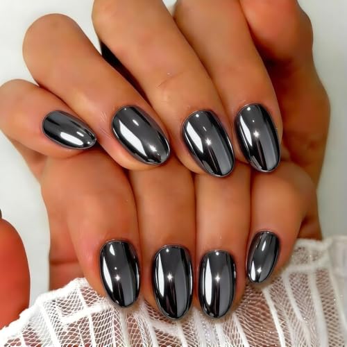 Black Chrome Short Press On Nails - 32 Pcs Glitter Mirror Fake Nails with Glue