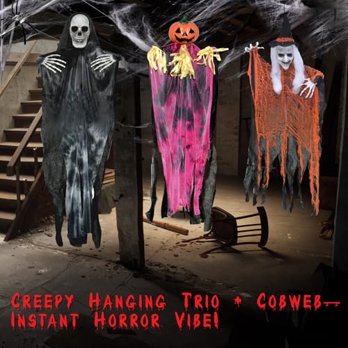 Halloween Hanging Skeleton Decorations Set - Indoor Outdoor Spooky Decor, 3 Pack