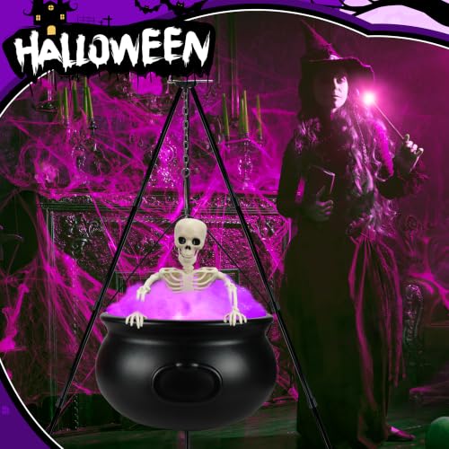 Purple Halloween Witches Cauldron Decor Set with Skeleton & LED Lights - Outdoor Yard Porch