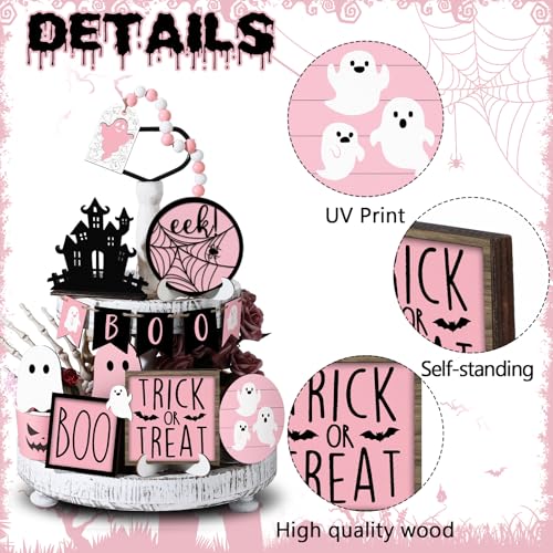Pink Ghost Halloween Tiered Tray Decor Set - 15 Pcs Blush Pink Ghost & Boo Signs
