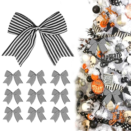Black White Stripe Bow Decorations - 12 Pack Halloween & Holiday Ornaments for Christmas Tree Wreath Wall Home Decor