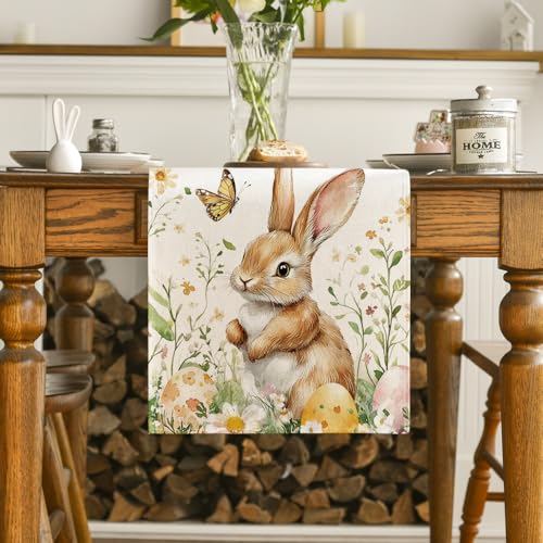 Easter Table Runner 13x48 Inch Bunny Rabbit Butterfly Eggs Flowers Seasonal Decor Beige