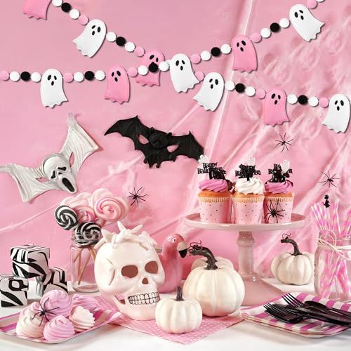 Halloween Felt Ghost Garland - Pre-Strung Pink & White Ghosts with Felt Balls, 8.2 Feet Home Holiday Decor