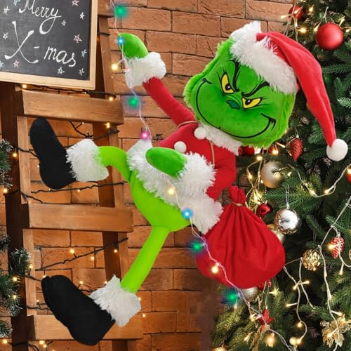 Light Up Christmas Green Monster Decorations - 23.6in Poseable Plush Doll for Indoor & Outdoor Holiday Decor