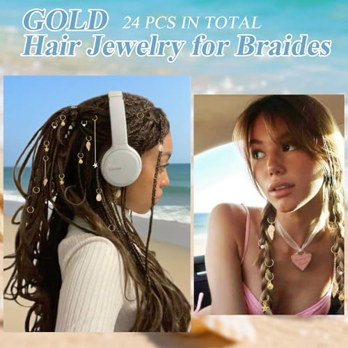 Gold Seashell Conch Starfish Hair Charm Ring Set for Braiding & Dreadlocks - Long Variation