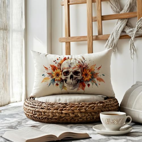 Halloween Skull Pillow Cover 12x20 Floral Skeleton Fall Home Decor