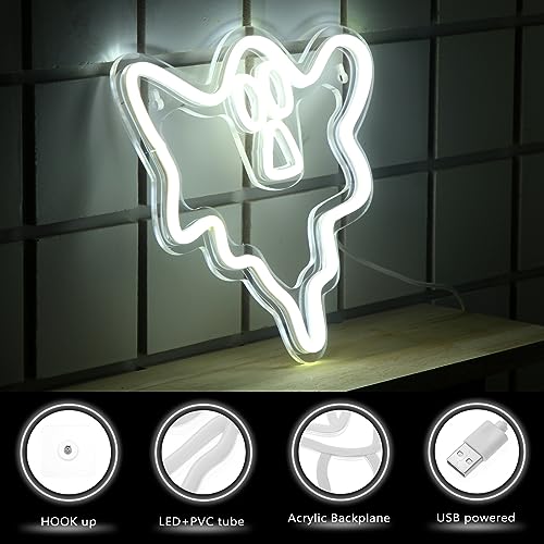 Ghost Neon Sign - White LED USB Wall Decor 9.84 Inch Halloween Ghost Light