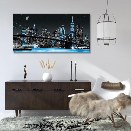 Night View Canvas Wall Art - New York Manhattan Brooklyn Bridge 48x24 Inches Blue Cityscape Framed
