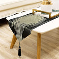 Black 13x98 Inch Abstract Geometric Table Runner with Tassels and Gold Rings - Modern Decor