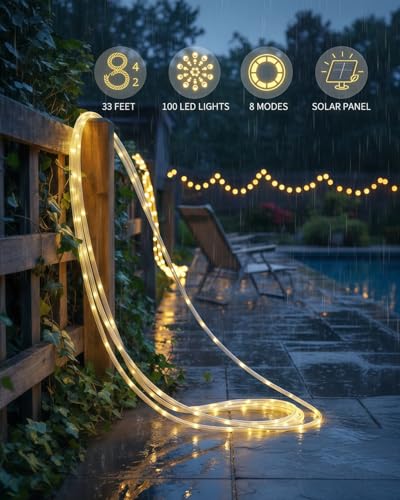 Solar Rope Lights 33FT 100LED Outdoor String Lights with 8 Modes - Warm White