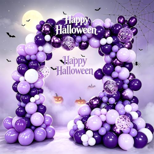 Halloween Balloon Garland Kit with Spooky Purple White Balloons & Web Decor