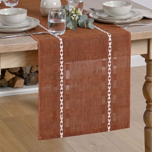 Farmhouse Caramel Embroidered Table Runner 13x48 Inch - Fall Rustic Kitchen Decor
