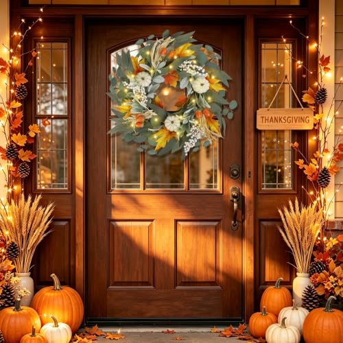 Lighted Fall Wreath for Front Door with White Pumpkins and Timer - 20 Inch