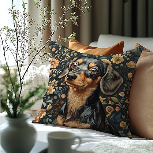 Dachshund Floral Decor Pillow Cover 18x18 - Rustic William Morris Inspired