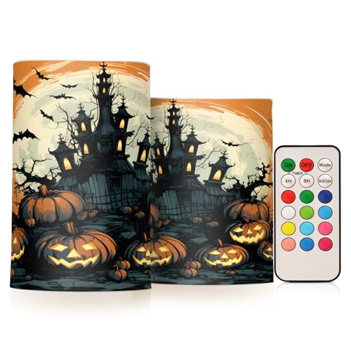 Halloween Pumpkins Castle Bat Flameless Candles Set of 2 with Remote & Timer