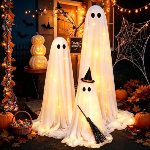 Halloween Ghost Decorations Lighted Indoor Outdoor Set - Adjustable Height Spooky Decor