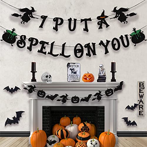 Halloween Banner with Witch, Pumpkin & Bats - Glittery Spooky Decor Garland
