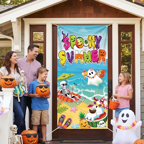 Halloween Door Banner with Tropical & Spooky Design - 72x35 Inches