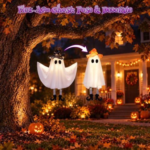Halloween Decorations Outdoor Indoor Warm Light-Up Hanging Ghosts with Legs & Witch Hat - 4 Pack