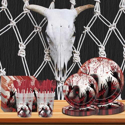 Bloody Halloween Party Dinnerware Set for 24 Guests - Zombie Horror Plates & Napkins