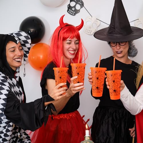 Halloween Plastic Cups with Lids & Straws - Orange Spiderweb Pattern, 24 oz, Bulk Pack