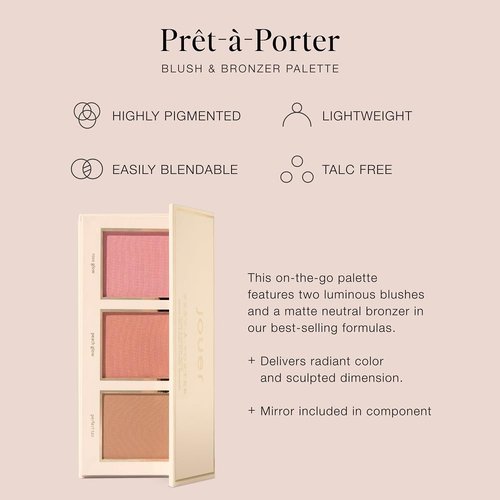 Jouer Prêt-à-Porter Blush & Bronzer Palette - 2 Luminous Blushes + 1 Matte Bronzer, Travel-Friendly with Mirror, Talc-Free Formula, 0.42oz