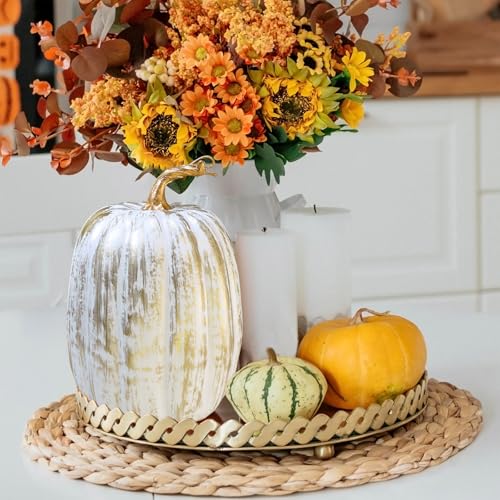 Artificial Pumpkins Set - Gold Brush White Faux Fall Decor, 8.7" - Autumn Wedding & Holiday Table Centerpieces