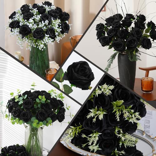Black Artificial Silk Roses Set of 50 – Realistic Long Stem Flowers for Weddings & Decor