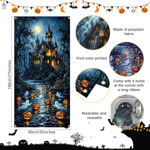 Halloween Door Cover Decorations - Spooky Pumpkin & Ghost Banner 35.5x72 Inch