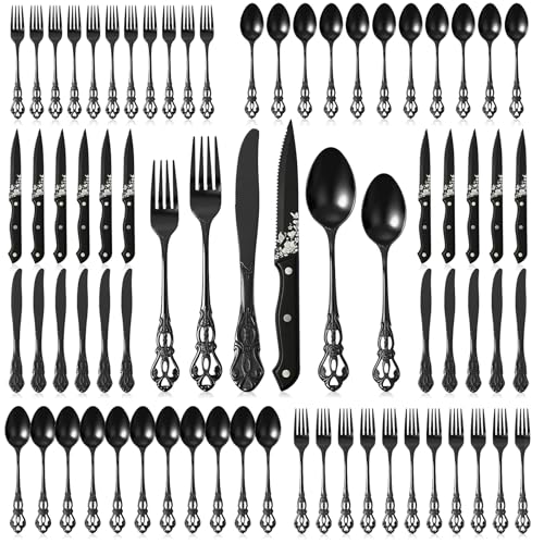 72-Piece Gothic Black Silverware Set for 12 - Flatware for Dinner Parties & Holidays with Royal Engravings