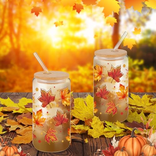 Thanksgiving Maples Glass Cups Set with Lids & Straws - 16oz Autumn Harvest Drinkware