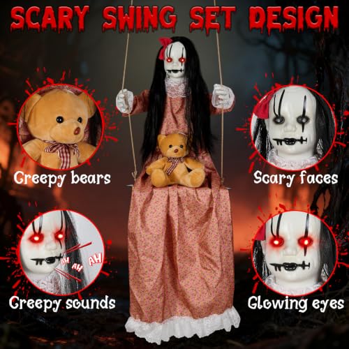 Halloween Hanging Decorations Outdoor - 4.6 FT Orange Swing Girl Doll with Lights & Sounds