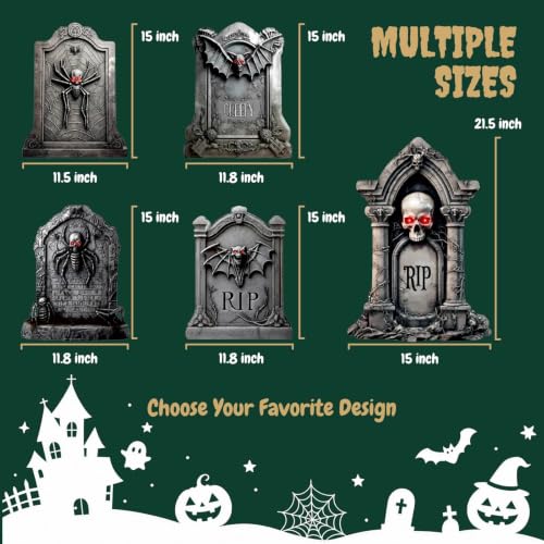 Halloween Tombstones Yard Signs with Stakes - 5 Pack, Glow-in-Dark Eyes, Realistic Haunted Cemetery Decor