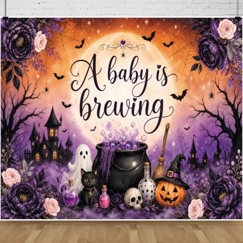 Halloween Baby Shower Backdrop 10x8ft Purple Spooky Cauldron & Moon Variation of THIS listing