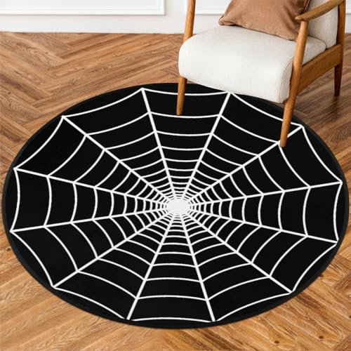 Round Black Spider Web Area Rug 3Ft - Washable Non-Slip Floor Mat for Bedroom & Living Room - Web Design Variation