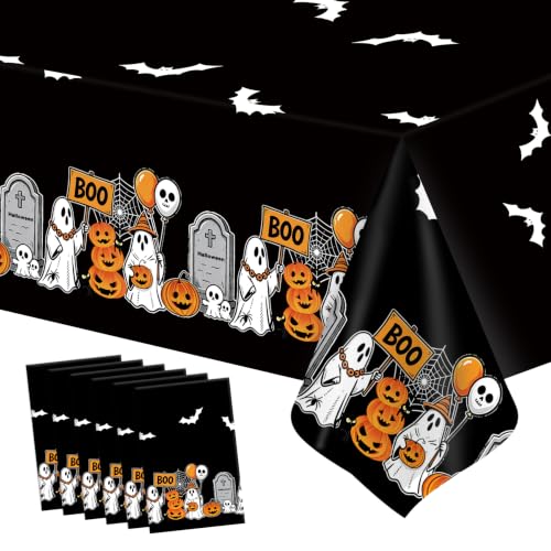 6 Pack Halloween Disposable Plastic Tablecloths - Black Ghost Pumpkin Design