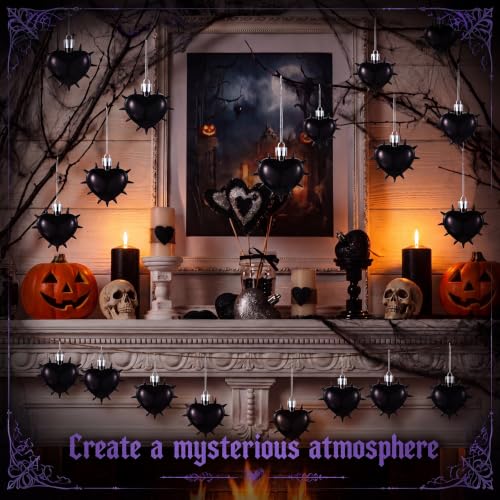 Gothic Heart Hanging Ornaments Set - Black Spiked Halloween & Holiday Decor, 18 Pack