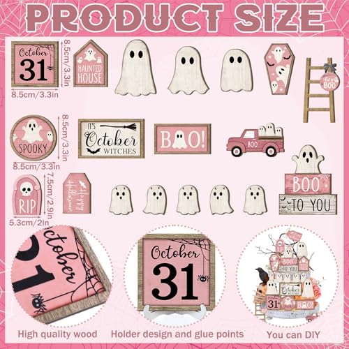 Halloween Wooden Tiered Tray Decorations Set Ghost Pink White - MiniInflat