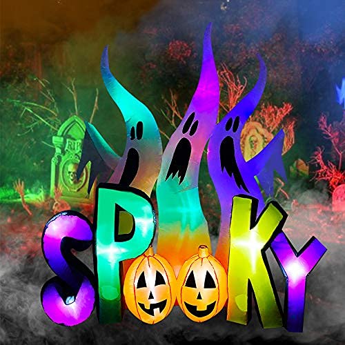 Inflatable White Ghost Family Halloween Decoration with Spooky Sign - Indoor Outdoor LED Blowup Lighted Decor