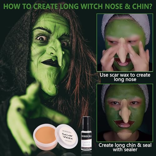 Halloween Witch SFX Makeup Kit - Green Face Paint, Scar Wax & Costume Accessories