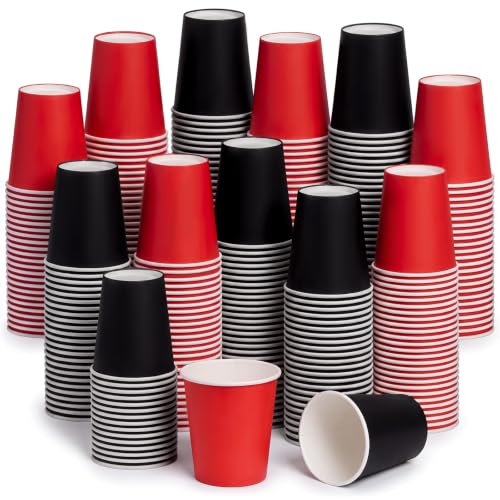 Disposable Paper Cups 8 oz Black and Red Set for Parties and Events - 300 Pack