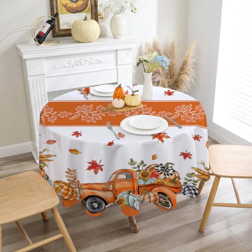 Fall Round Tablecloth 60 Inches - Orange Truck Fall Decorations, Fade-Resistant