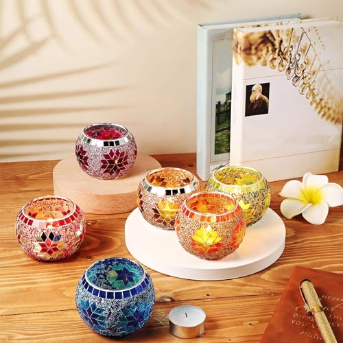 Diwali Candle Holders Set - Floral Mosaic Glass Tea Light Decor, 6 Pieces