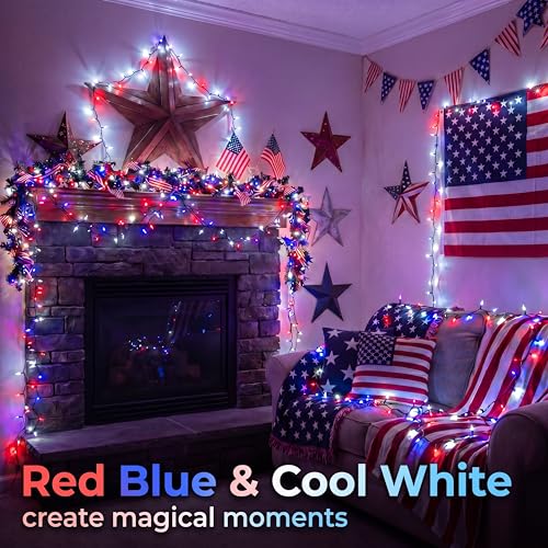 Battery Operated 4th of July String Lights - Red White & Blue, 16FT with 8 Modes & Timer