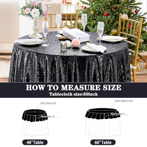 QueenDream Black Sequin Round Tablecloth 50 Inch for Party & Wedding Decor