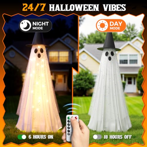 White Light Up Ghost Halloween Decorations - 2 Pack, Outdoor & Indoor, Remote & Timer