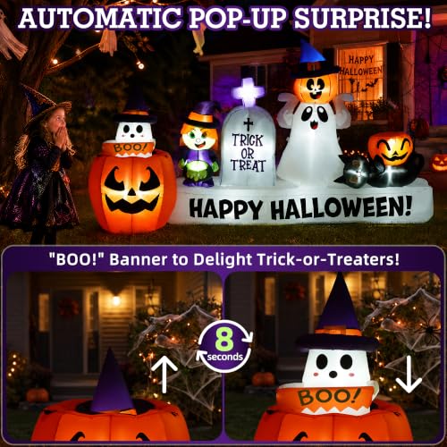 9 FT Halloween Inflatable Ghost Pumpkin Witch Tombstone Cat with Multicolor Variations