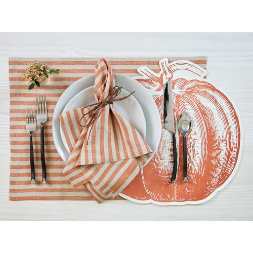 Pure Linen Placemats Set of 4 - Pumpkin & Natural, 14 x 19 Inches, Handcrafted