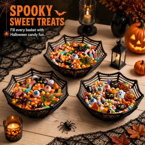 Halloween Candy Bowl Set – Woven Rattan Spider Web Dish for Treats & Decor